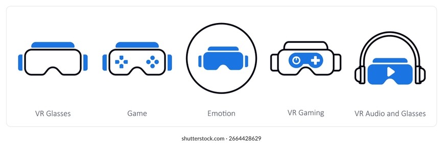 Un conjunto de 5 iconos de mezcla como gafas vr, juego, emoción