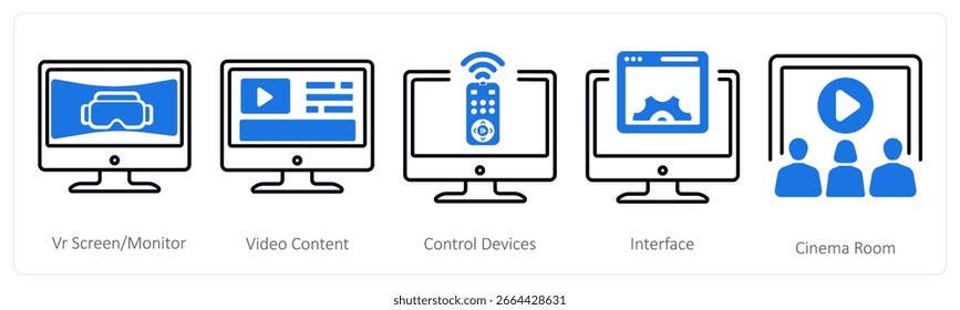 Um conjunto de 5 ícones mistos como tela vr, conteúdo de vídeo, dispositivos de controle