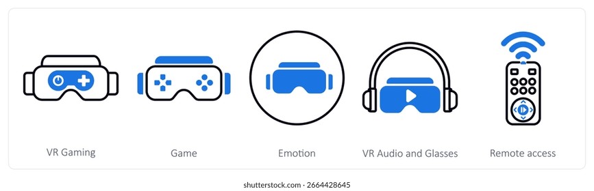 Un conjunto de 5 iconos de la mezcla como juego del vr, juego, emoción