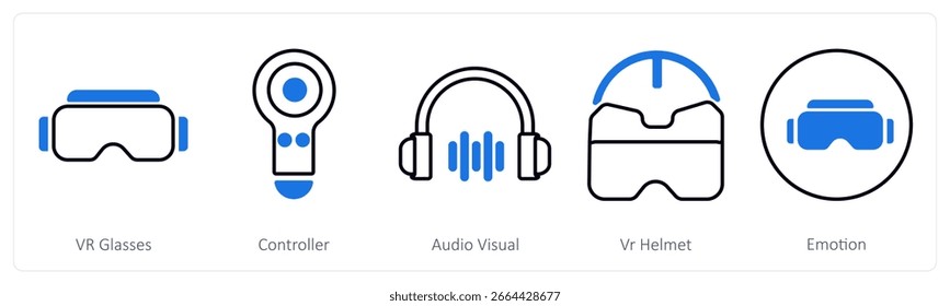 Um conjunto de 5 ícones de mistura como óculos vr, controlador, audiovisual