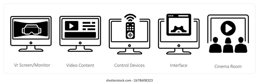 Um conjunto de 5 ícones mistos como tela vr, conteúdo de vídeo, dispositivos de controle