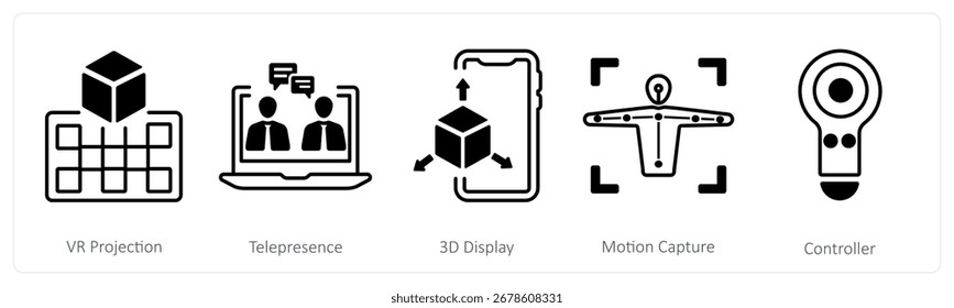 Un conjunto de 5 iconos de la mezcla como proyección del vr, telepresencia, exhibición 3D
