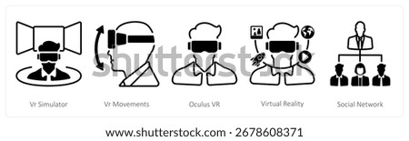 A set of 5 mix icons as vr simulator, vr movements, oculus vr