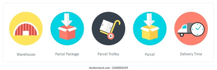 A set of 5 mix icons as warehouse, parcel package, parcel trolley