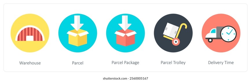 A set of 5 mix icons as warehouse, parcel, parcel package