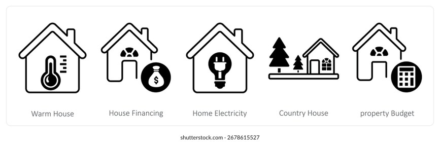Un conjunto de 5 iconos de la mezcla como casa caliente, financiación de la casa, electricidad del hogar