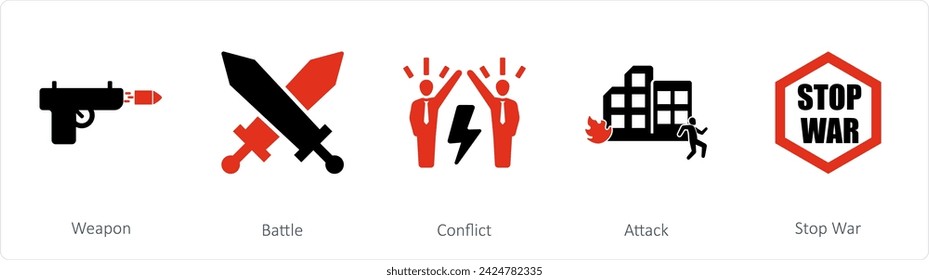 A set of 5 mix icons as weapon, battle, conflict