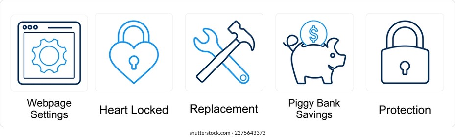 A set of 5 mix icons as webpage settings, heart locked, replacement