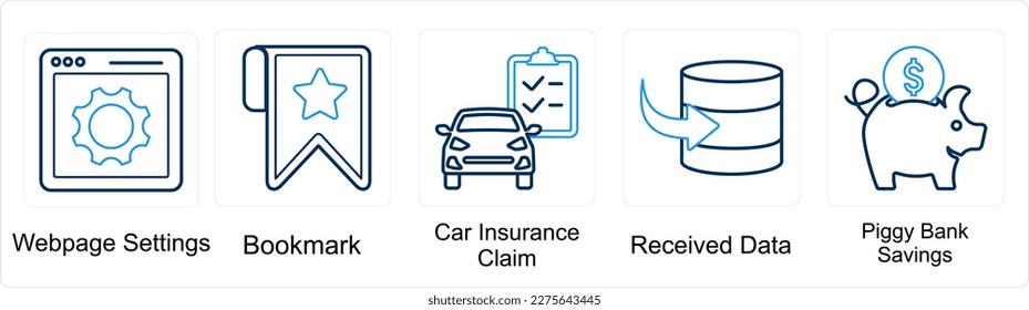 A set of 5 mix icons as webpage settings, bookmark, car insurance claim