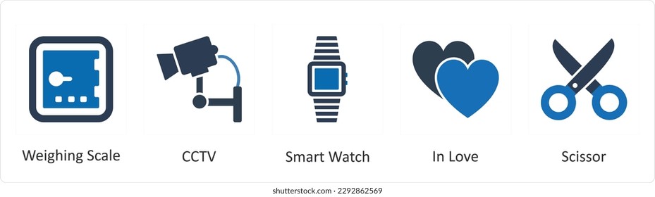 A set of 5 Mix icons as weighing machine, cctv, smart watch