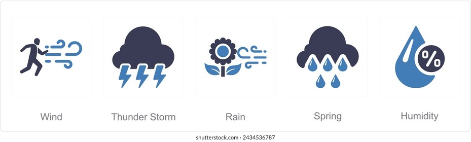 A set of 5 Mix icons as wind, thunderstorm, rain