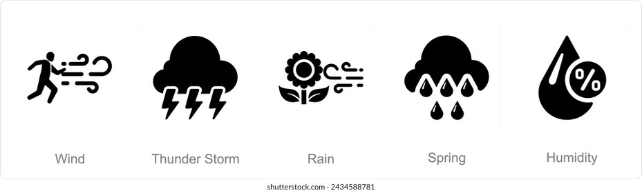 A set of 5 Mix icons as wind, thunderstorm, rain