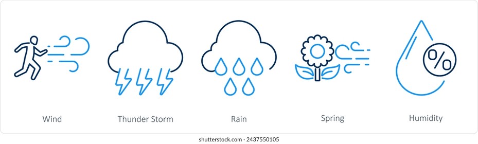 A set of 5 Mix icons as wind, thunderstorm, rain