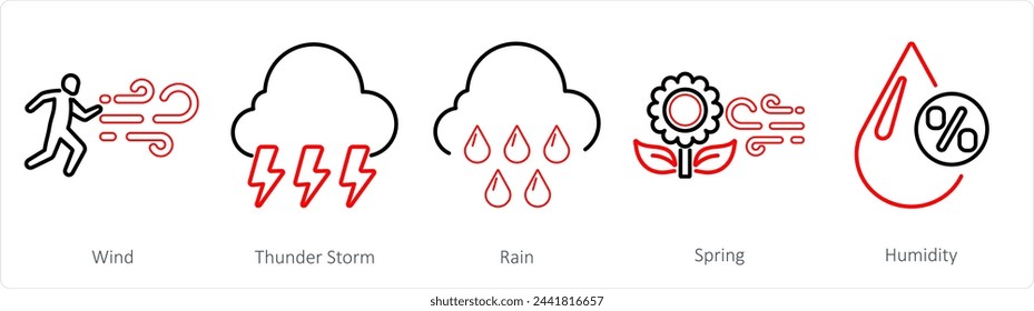 A set of 5 Mix icons as wind, thunderstorm, rain