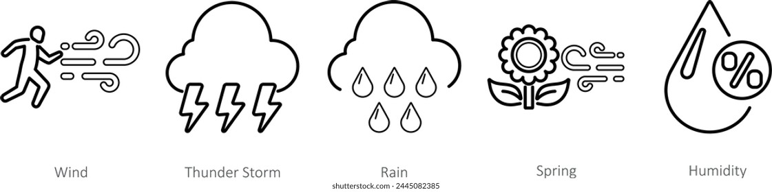 A set of 5 Mix icons as wind, thunderstorm, rain