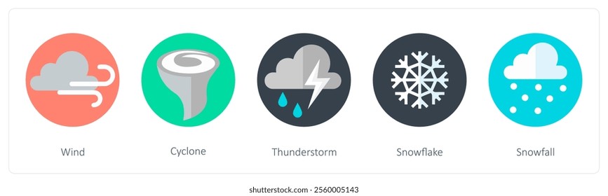 A set of 5 mix icons as wind, cyclone, thunderstorm