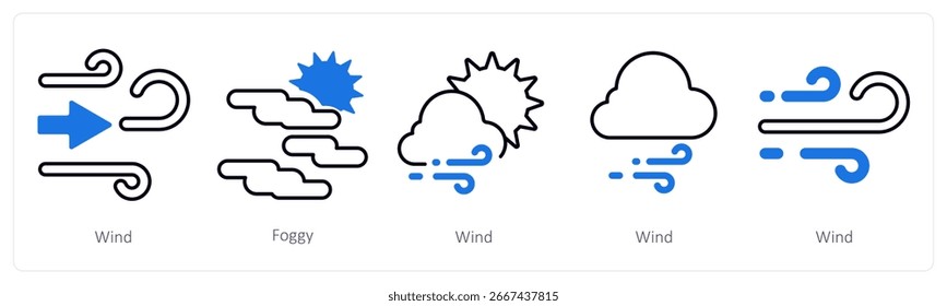 Un conjunto de 5 iconos de mezcla como viento, niebla, aire