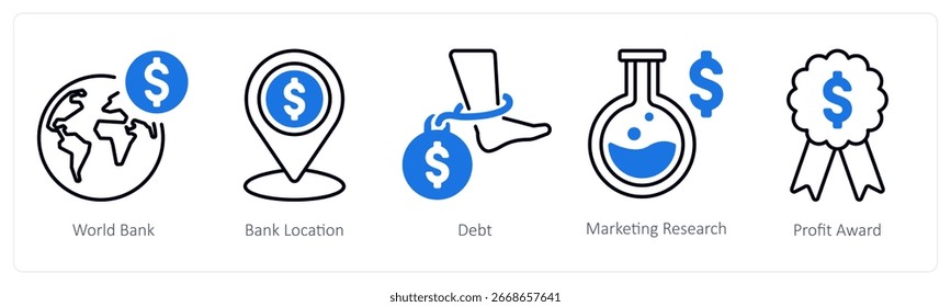 A set of 5 mix icons as world bank, bank location, debt