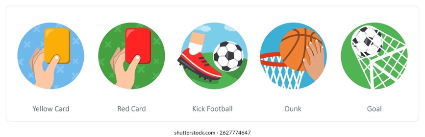 Um conjunto de 5 ícones de mistura como cartão amarelo, cartão vermelho, chutar futebol