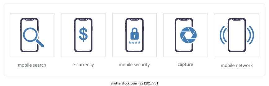 Un conjunto de 5 iconos móviles como la búsqueda móvil, la moneda electrónica