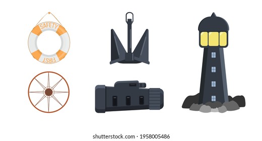 Set of 5 modern marine attributes - a lifebuoy, a steering wheel, an anchor, a telescope and a lighthouse. 
The elements are isolated on a white background. Vector graphics.