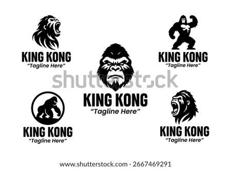 Set of 5 modern minimalist King Kong logos. Perfect for professional branding, carnivore mammal illustration, and fictional ape-inspired wildlife projects.