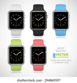 Set of 5 modern shiny sport smart watches with white, black, green, blue and pink plastic bands and digital clock faces isolated on white background. RGB EPS 10 vector illustration