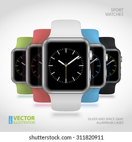 Set of 5 modern shiny sport smart watches with white, black, green, blue and pink plastic bands and digital clock faces on white background. RGB EPS 10 vector illustration svg