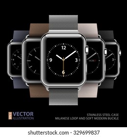 Set of 5 modern steel case smart watches on black background. RGB EPS 10 vector illustration svg