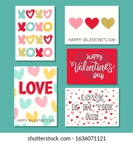 Set of 5 modern vector templates. Vector illustration with calligraphy inscription and hearts. Typography templates for Valentine's Day. Happy Valentine's Day lettering cards with golden texture.