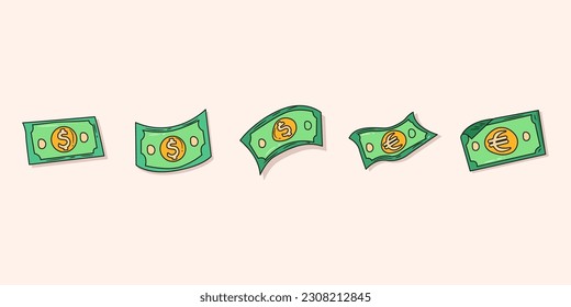 Set of 5 Money Cash Currency, thin icon Line style, vector illustration