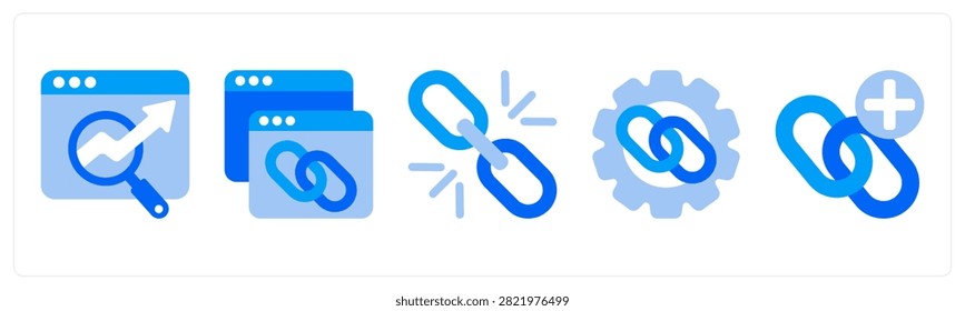 A set of 5 monochrome icons as domain authority, page authority, meta tag