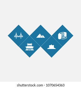 Set of 5 monument icons set. Collection of niagara falls, canyon, golden gate and other elements.