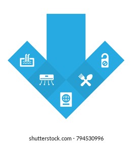 Set of 5 motel icons set. Collection of passport, pool, restaurant and other elements.