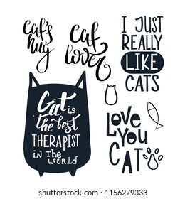 Set with 5 Motivational cat's quotes. Hand written sign for every design production. Vector