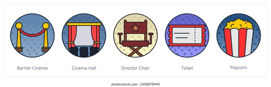 A set of 5 Movie icons as barrier cinema, cinema hall, director chair