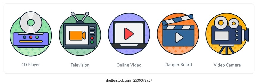 A set of 5 Movie icons as cd player, television, online video