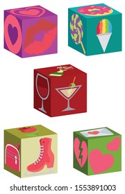 Set of 5 multi colored 3D vector  cubes with artwork imprints on various faces.