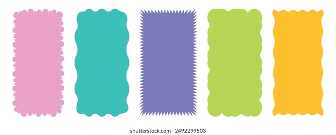 Set of 5 multicolored rectangles. Shapes in pink, blue, green, yellow and purple colors. Hand drawn quote frames. Trendy template for a story. Vector illustration on white background.