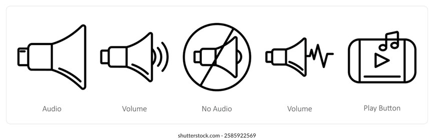 A set of 5 music icons as audio, volume, no audio