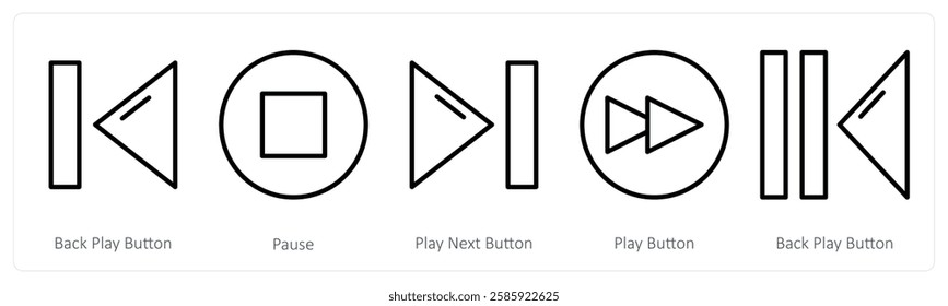 A set of 5 music icons as back play button, pause, play next button