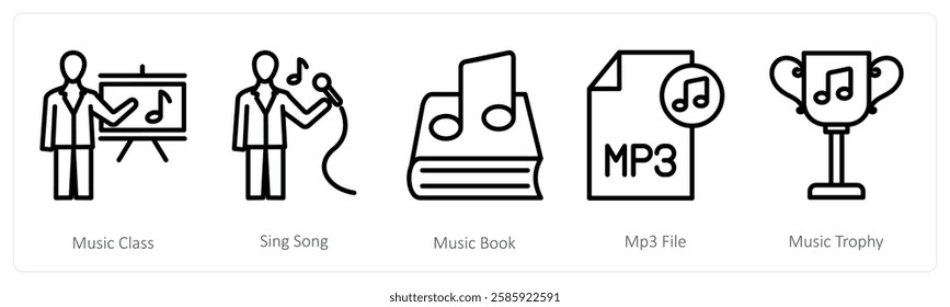 A set of 5 music icons as music class, sing song, music book