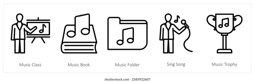 A set of 5 music icons as music class, music book, music folder