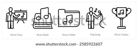 A set of 5 music icons as music class, music book, music folder