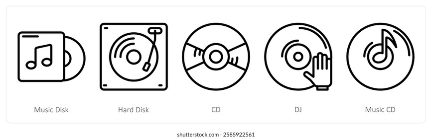 A set of 5 music icons as music disk, hard disk, cd