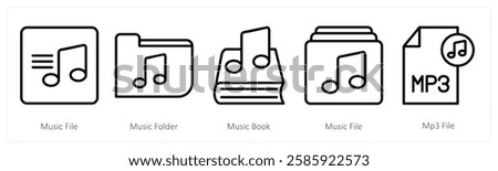 A set of 5 music icons as music file, music folder, music book