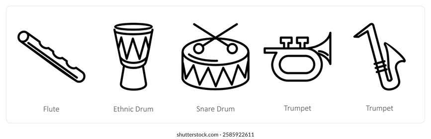 A set of 5 music icons as flute, ethnic drum, snare drum