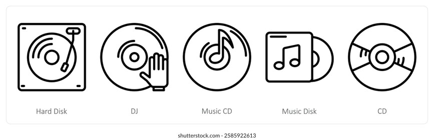 A set of 5 music icons as hard disk, dj, music cd