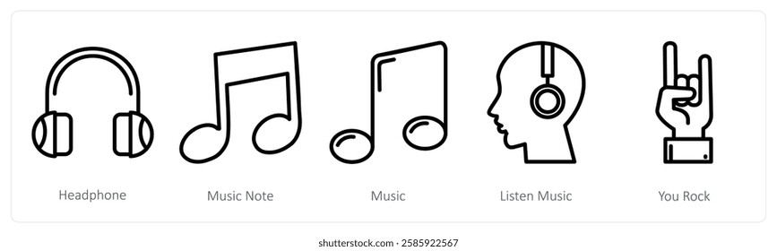 A set of 5 music icons as headphone, music note, music
