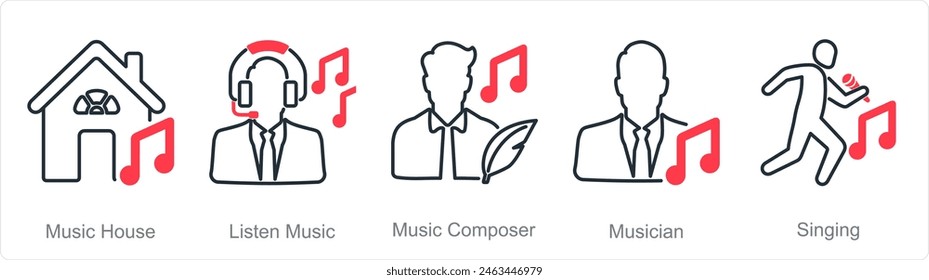 A set of 5 Music icons as music house, listen music, music composer